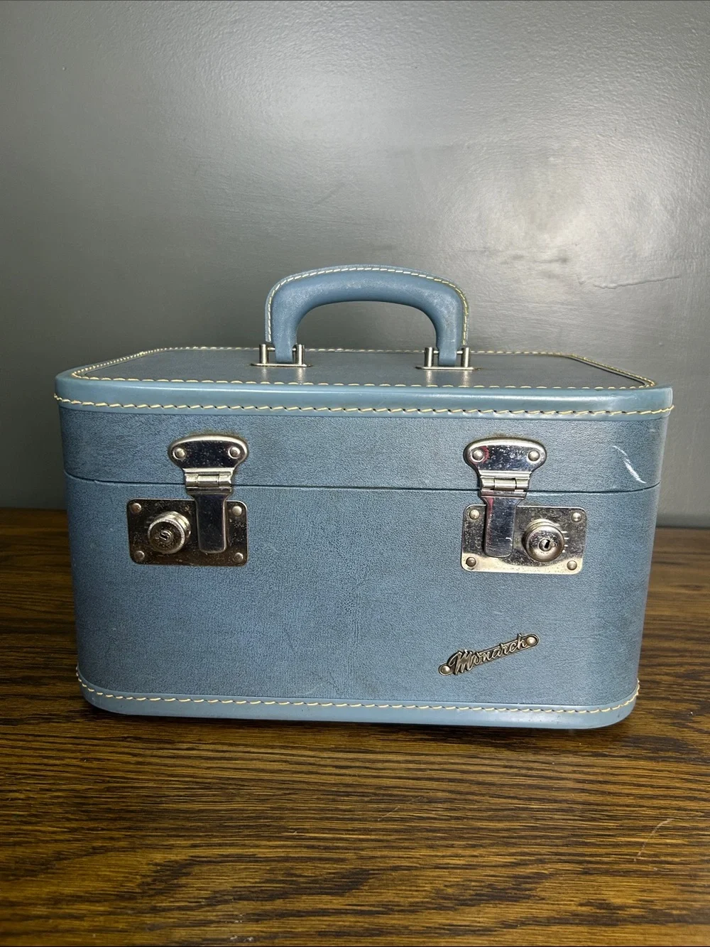 Vintage Blue Train Case Toiletry Case with Top Handle